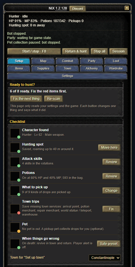 The bot panel: status lines, the Start / stop, Return & hunt and Stop all buttons, the six tabs, and the Skills sub-tab.