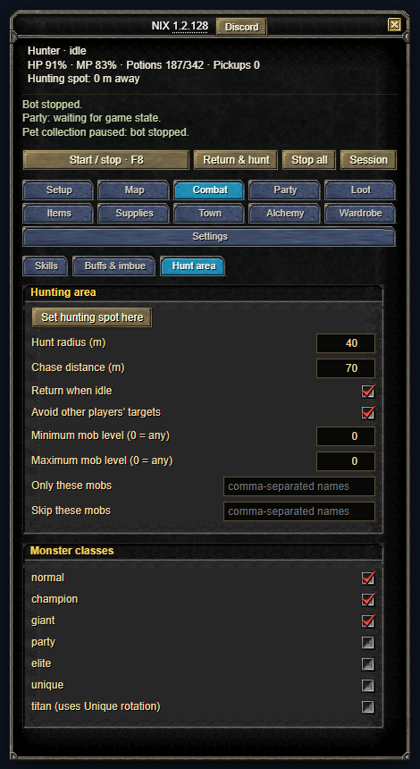 Combat, Hunt area: the Set hunting spot here button, radius and chase distance, level and name filters, and the monster class checkboxes.