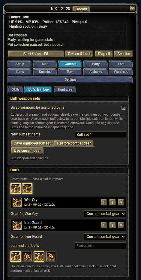 Combat, Buffs and imbue: the buff weapon sets section, the selected buffs with their order, and the weapon imbue picker.