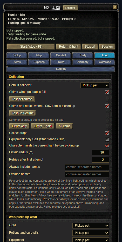 The Loot tab: collector, chime settings, preset buttons, item category checkboxes and name filters.