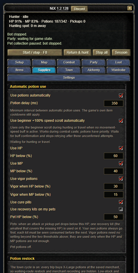 Supplies, Automatic potion use: potion switches and thresholds, vigor thresholds, cure pills, pet recovery kits, then the Potion restock section.