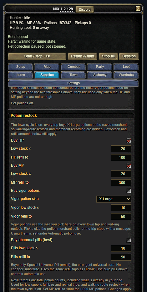 Supplies, Potion restock: Buy HP and Buy MP with low-stock and refill amounts, the vigor potion size, and abnormal pills.