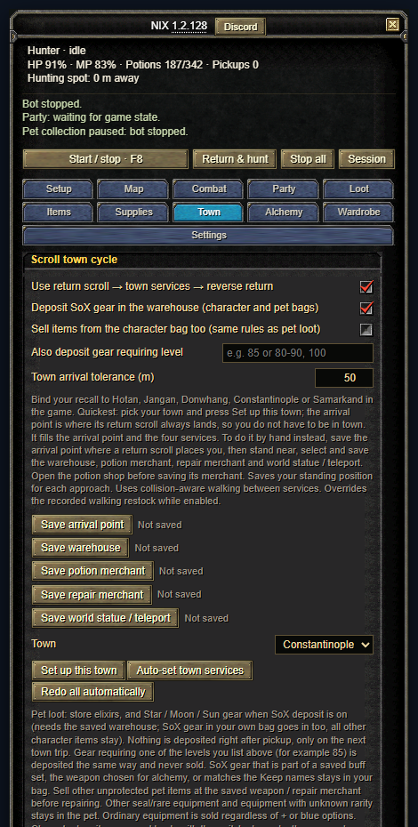 Town page, Scroll town cycle: the town switches, the Town list with Set up this town, the Auto-set town services button and the five Save buttons, each showing Not saved.