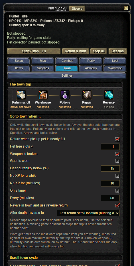 Town page: the trip as five pictures, then Go to town when… with the pet, broken weapon, worn gear, no XP and timer switches.