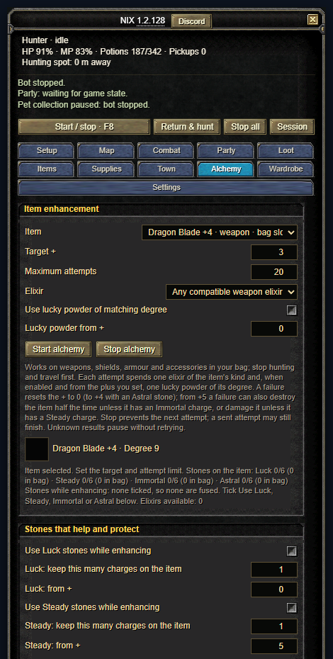 The Alchemy tab: item choice, target plus, attempts, elixir choice, lucky powder from a plus, and the start and stop buttons.
