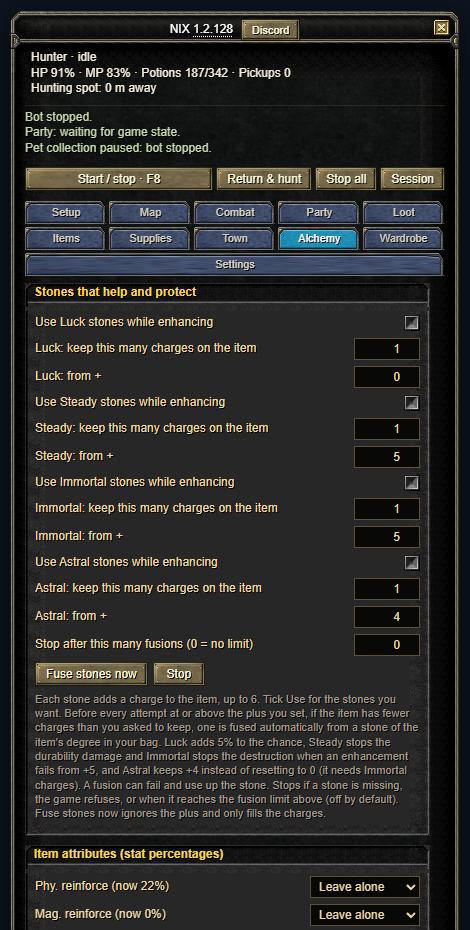 The Alchemy tab, Stones that help and protect: Luck, Steady, Immortal and Astral counts, the plus each is used from, and the Fuse stones now button.