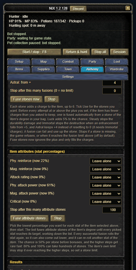 The Alchemy tab, Item attributes: each stat of the item with its current percentage and a target, the stone limit and the Fuse attribute stones button.