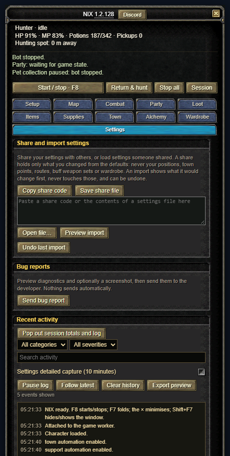 Settings, Share and import settings: Copy share code and Save share file, the paste box, Open file, Preview import and Undo last import.