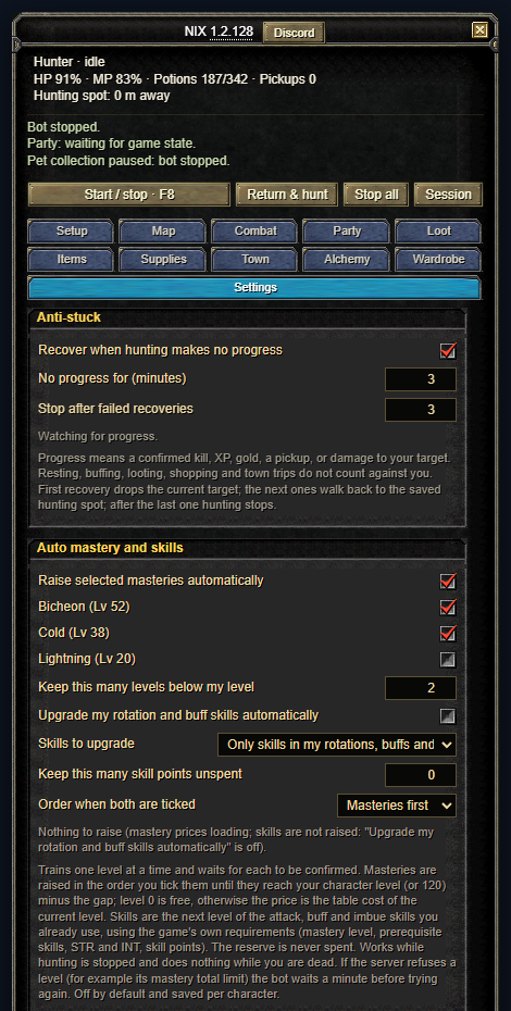 Settings, Anti-stuck: the recovery switch, the minutes without progress and the number of failed recoveries before stopping.