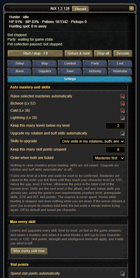 Settings, Auto mastery and skills: the mastery checkboxes, the level gap, the skill upgrade switch, the reserve and the spend order.