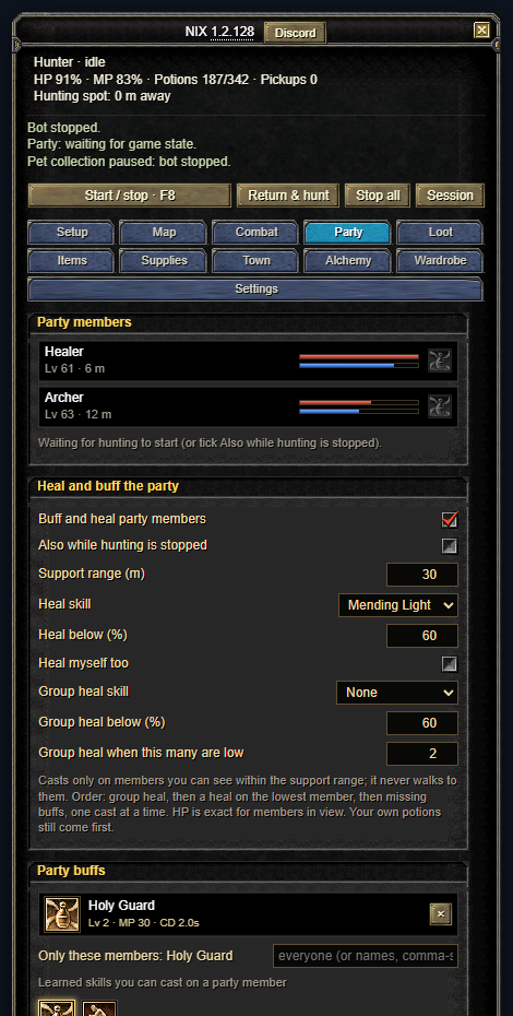 Party page: the party members, heal and buff settings, party buffs, then auto-recruit, listing settings, auto-accept joins, accept resurrection and auto-resurrect.