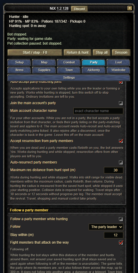 Party page, Follow a party member: the switch, the member list, the distance and the fight option.