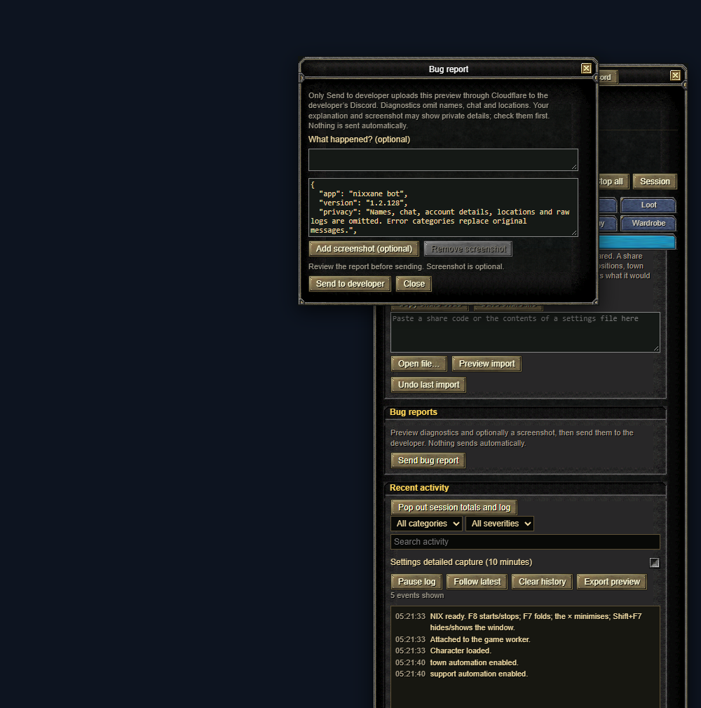 The bug report window floating over the game next to the bot panel, with the diagnostics preview, an explanation box and Send to developer.
