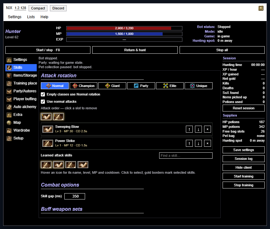 NIX in the Classic window: a menu bar, HP, MP and EXP bars with the bot status, Start / stop, Return & hunt and Stop all, the tabs down the left, the Skills tab's attack rotation in the middle, and session numbers and supplies on the right.