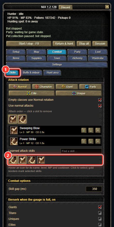 Red ring 1 on Skills, 2 on the row of your skill icons. Click the ones to attack with.